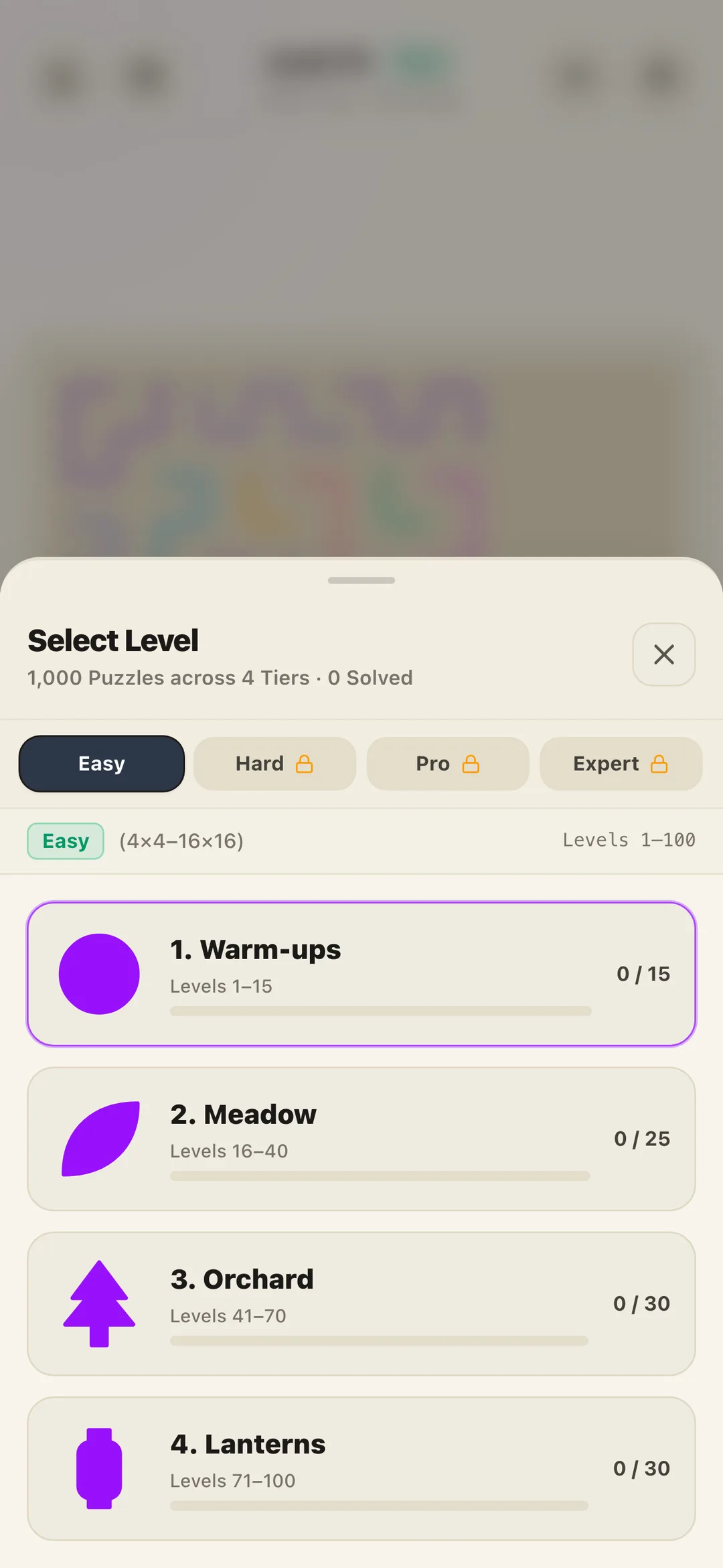 Level select: 1,000 puzzles across four tiers and named chapters