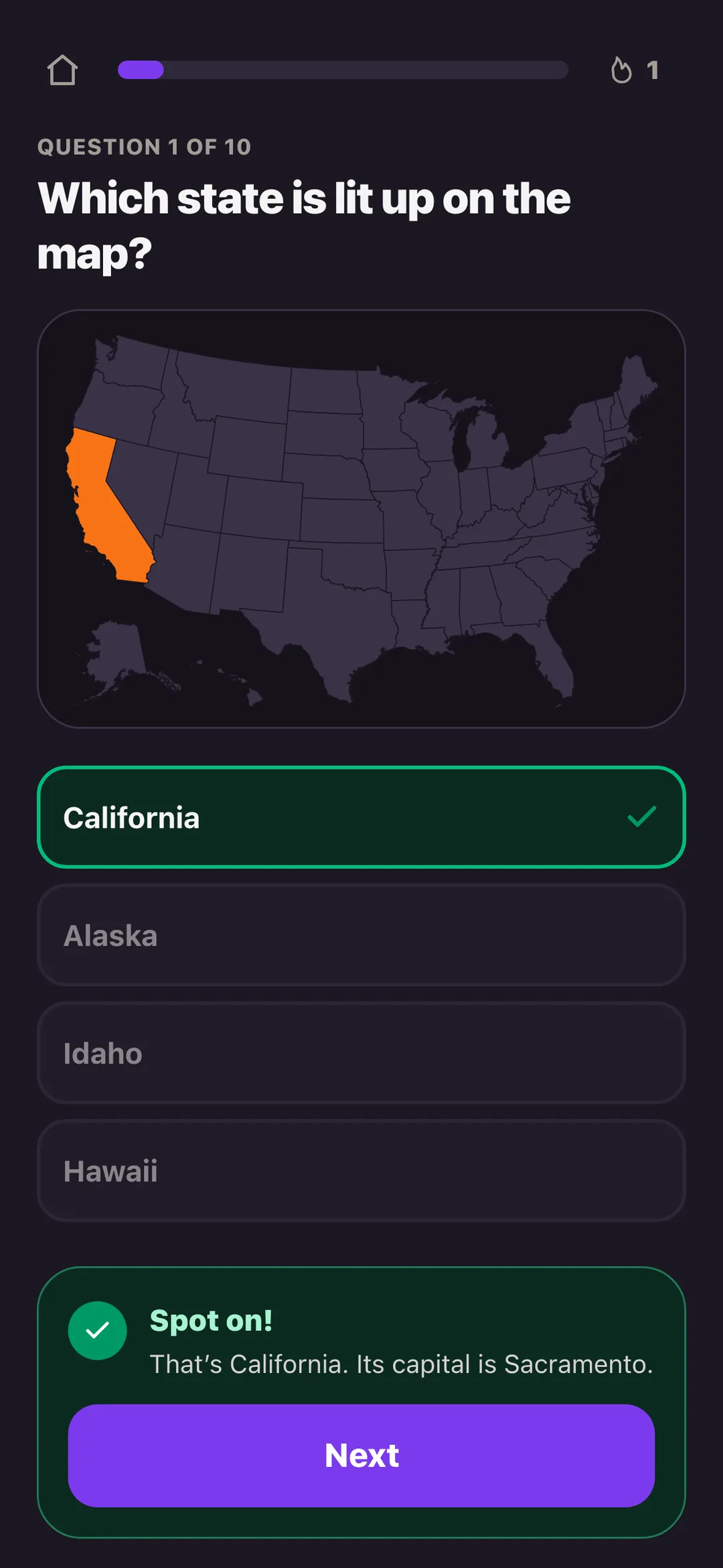 Find the state: Texas lit up on a map of the United States, answered right