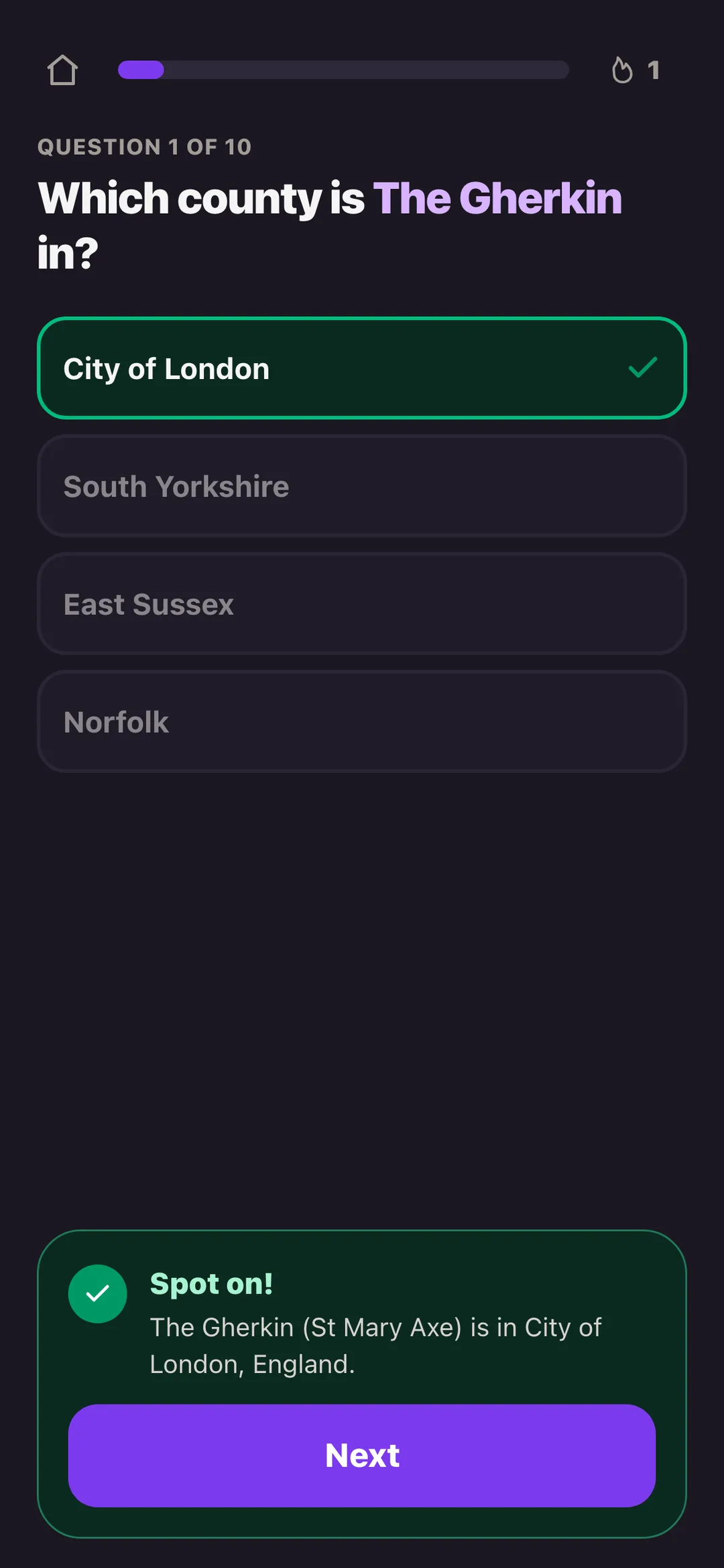 Which county is the Gherkin in? City of London, answered right