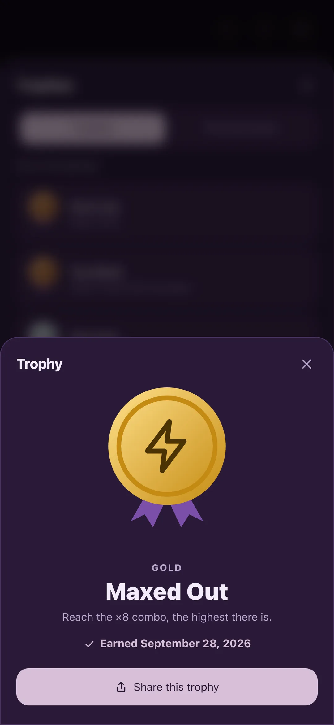 A gold trophy for reaching the highest combo