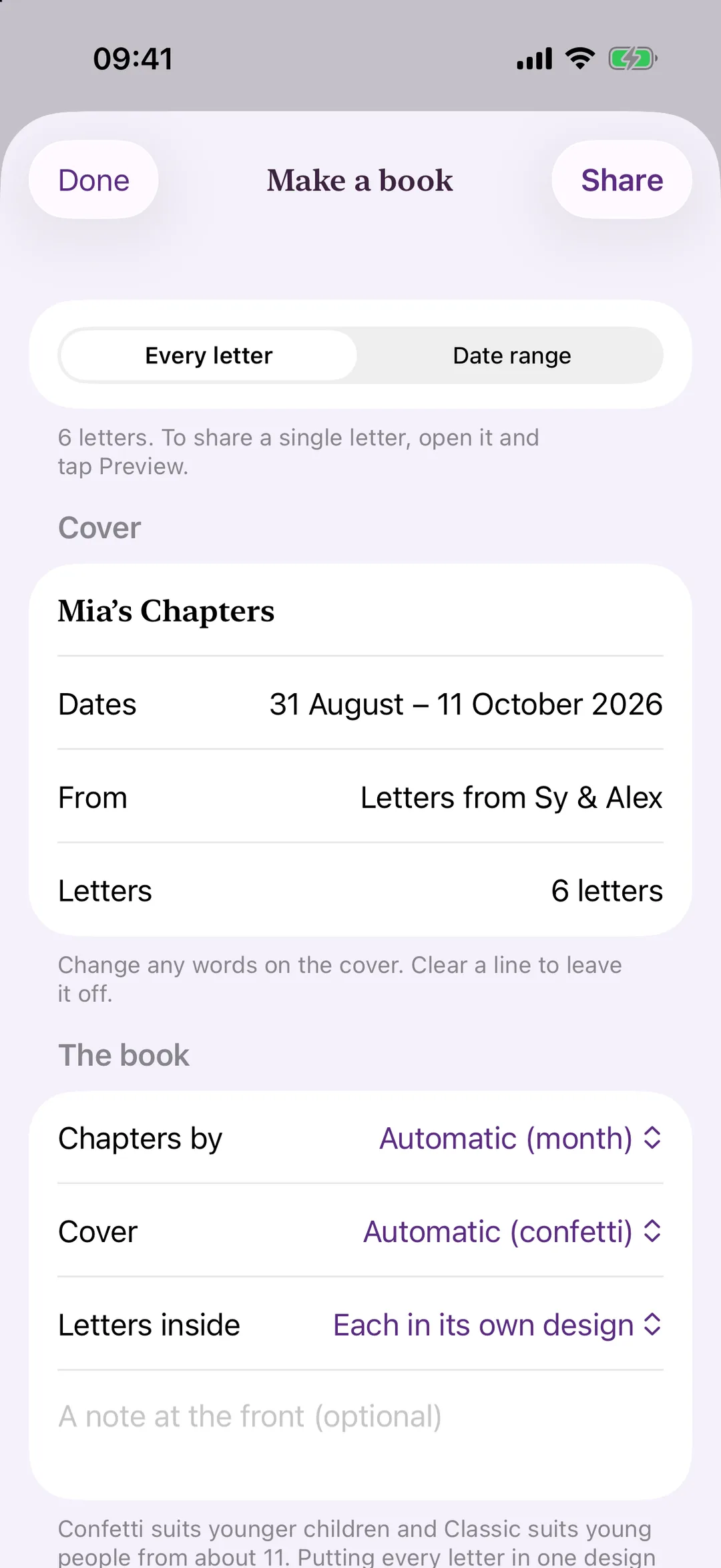 Make a book: Mia’s Chapters, with the cover’s dates and words editable, chapters by month and a choice of cover