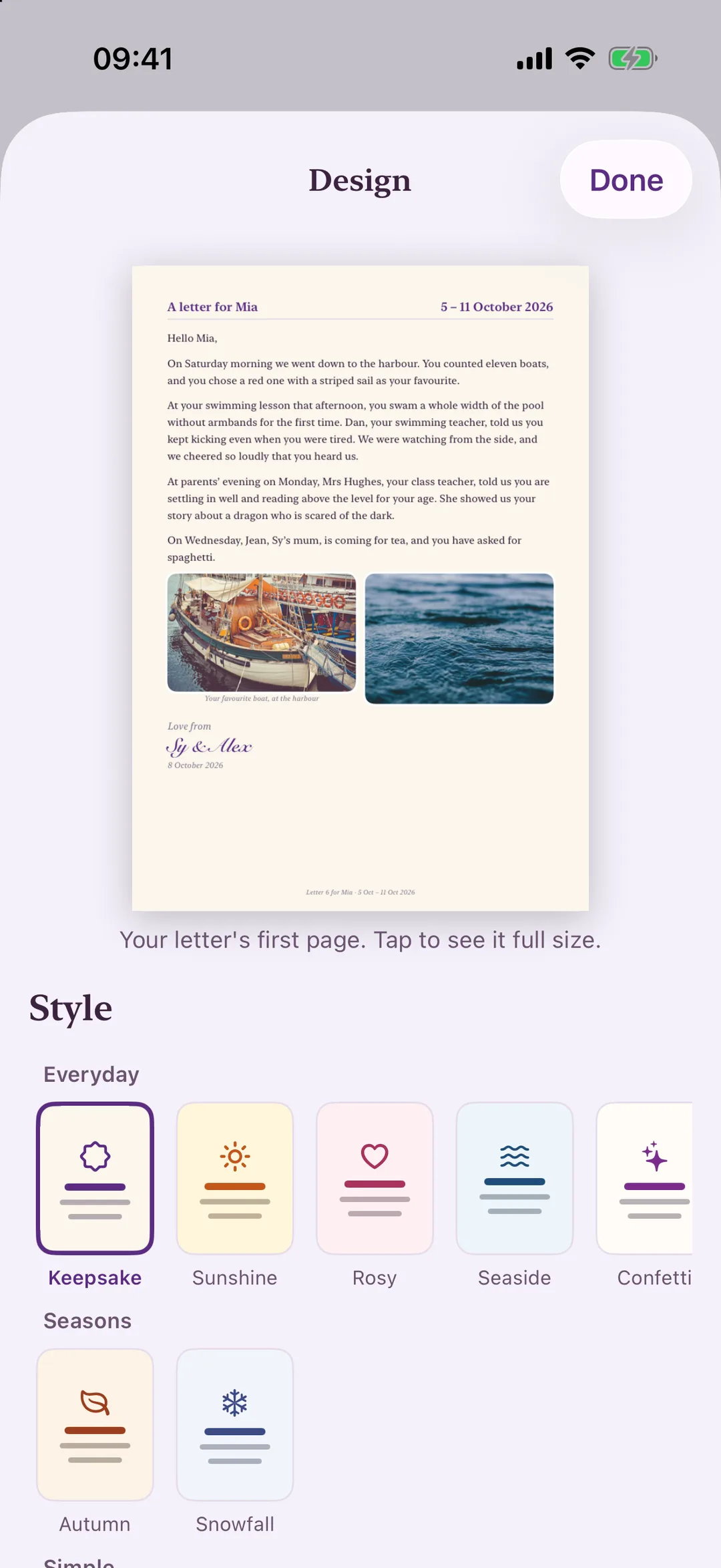 Choosing a design, with a live preview of the letter’s first page