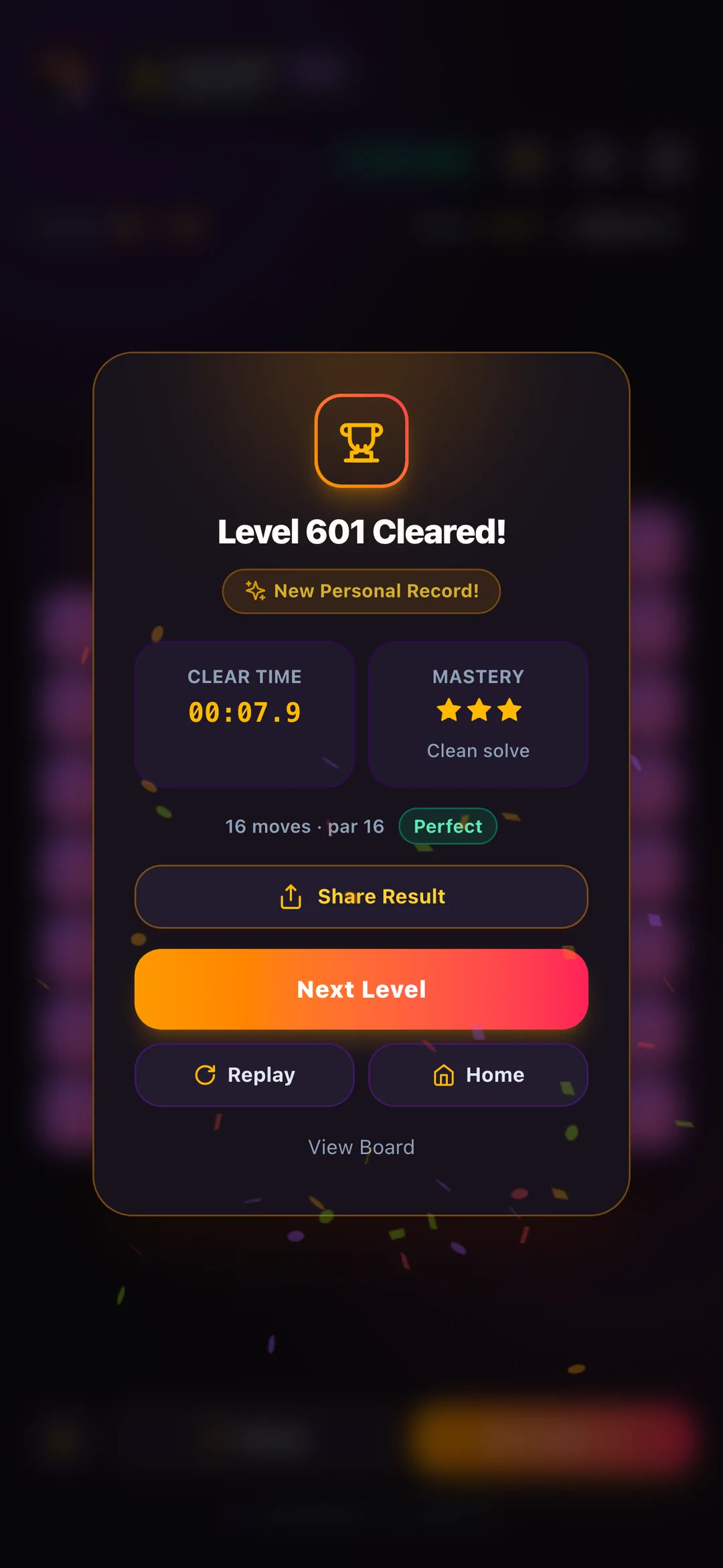 Level 601 cleared, with time, mastery stars and a Next Level button