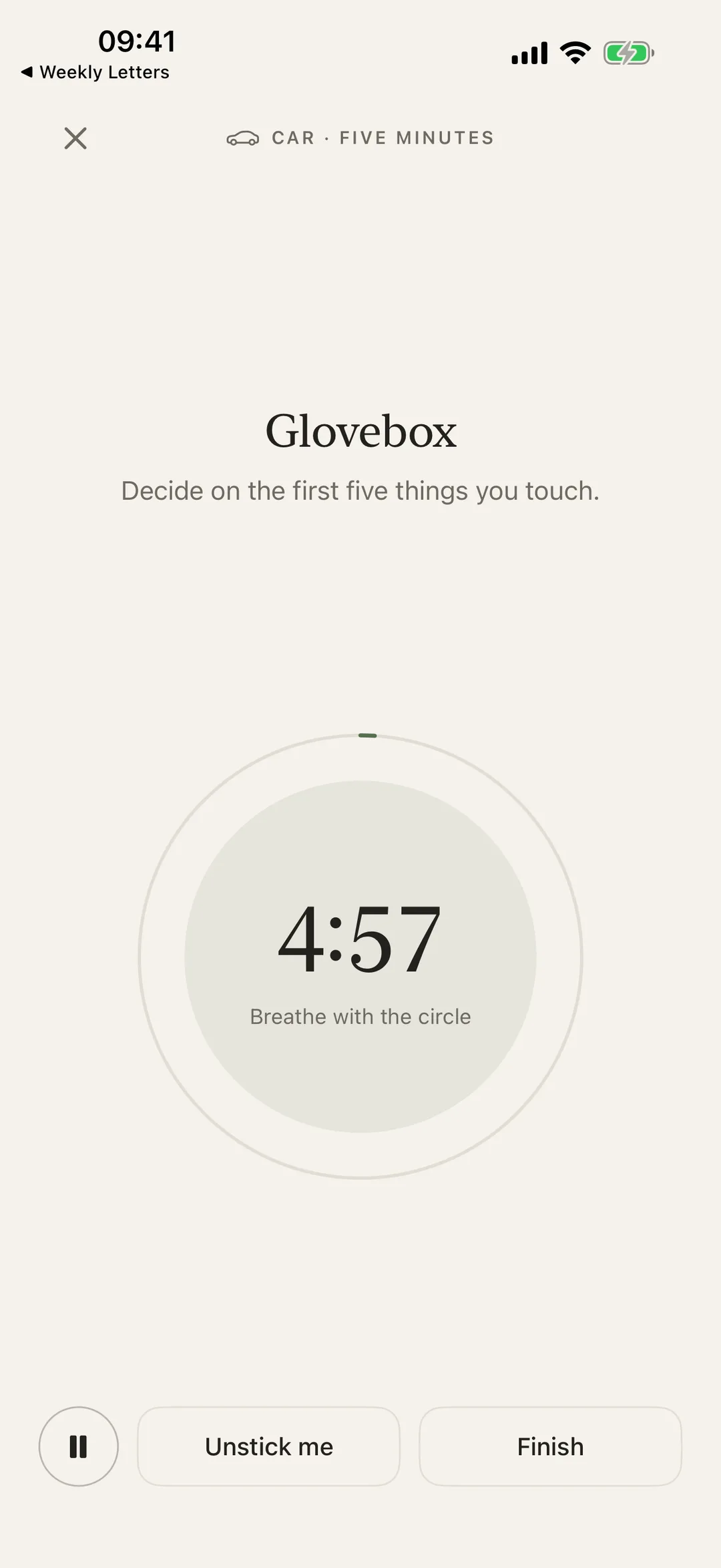 Five quiet minutes on the glovebox, with a breathing timer