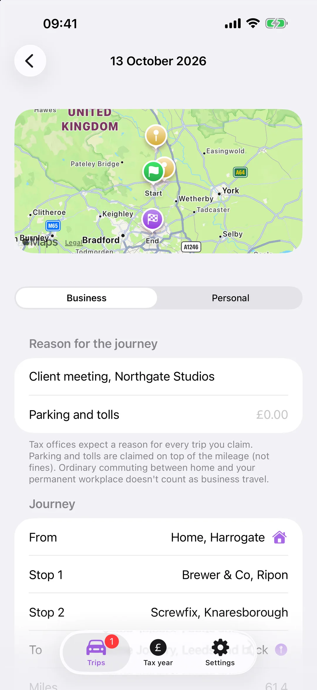 A trip with two stops on the map, its reason, and each stop listed