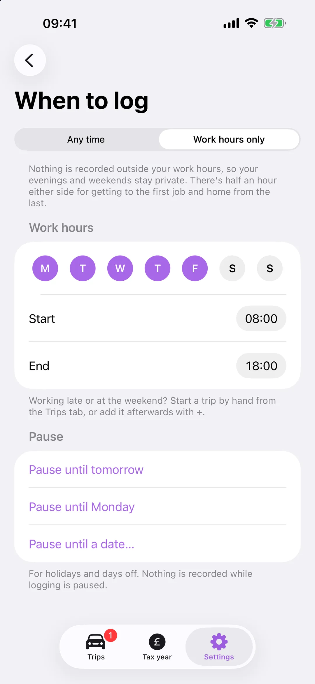 When to log: work hours only, Monday to Friday, 8:00 to 18:00, with pause options