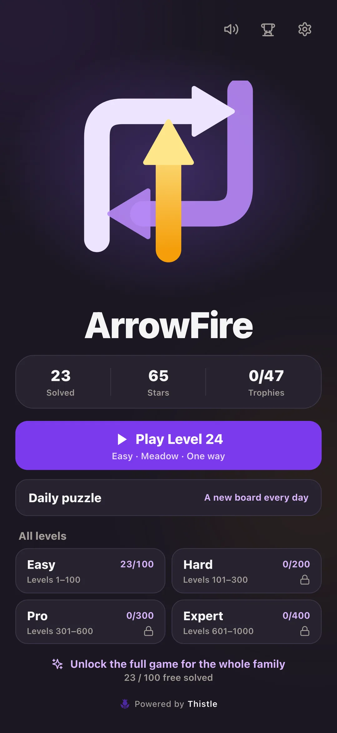 ArrowFire home: the purple arrow logo, a Play button and a Daily puzzle button