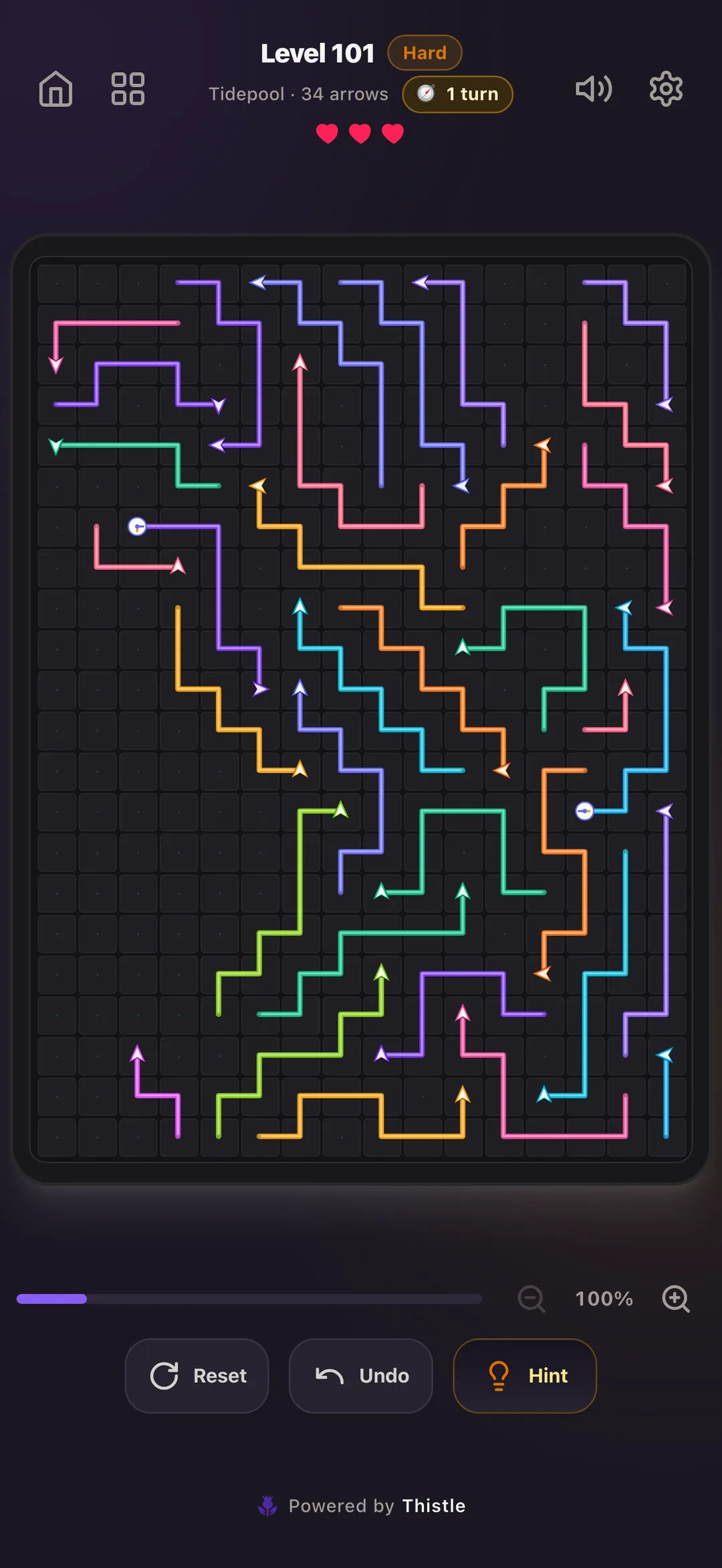 A dense ArrowFire board of winding coloured arrows in dark mode