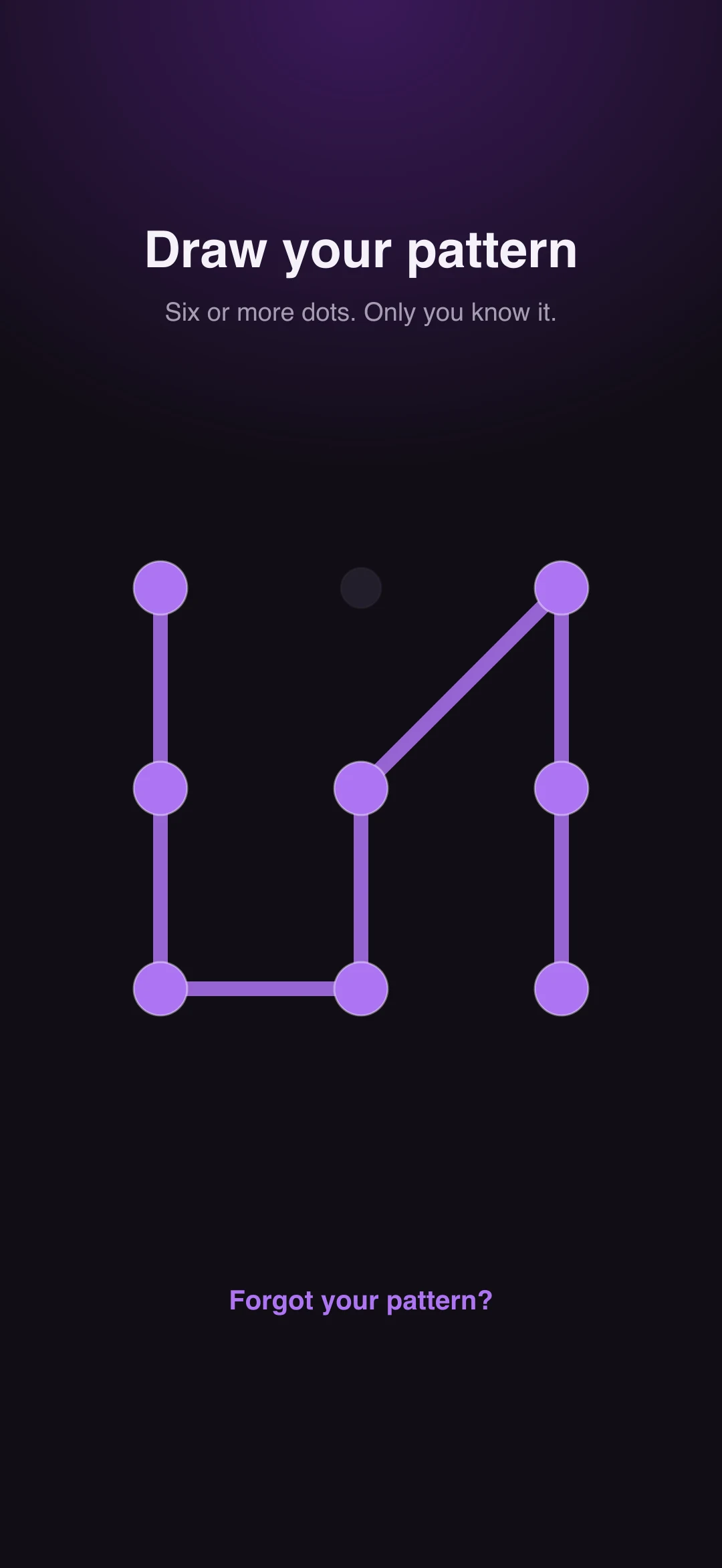 Illustration of the VaultMaster unlock screen: a pattern of dots drawn in purple