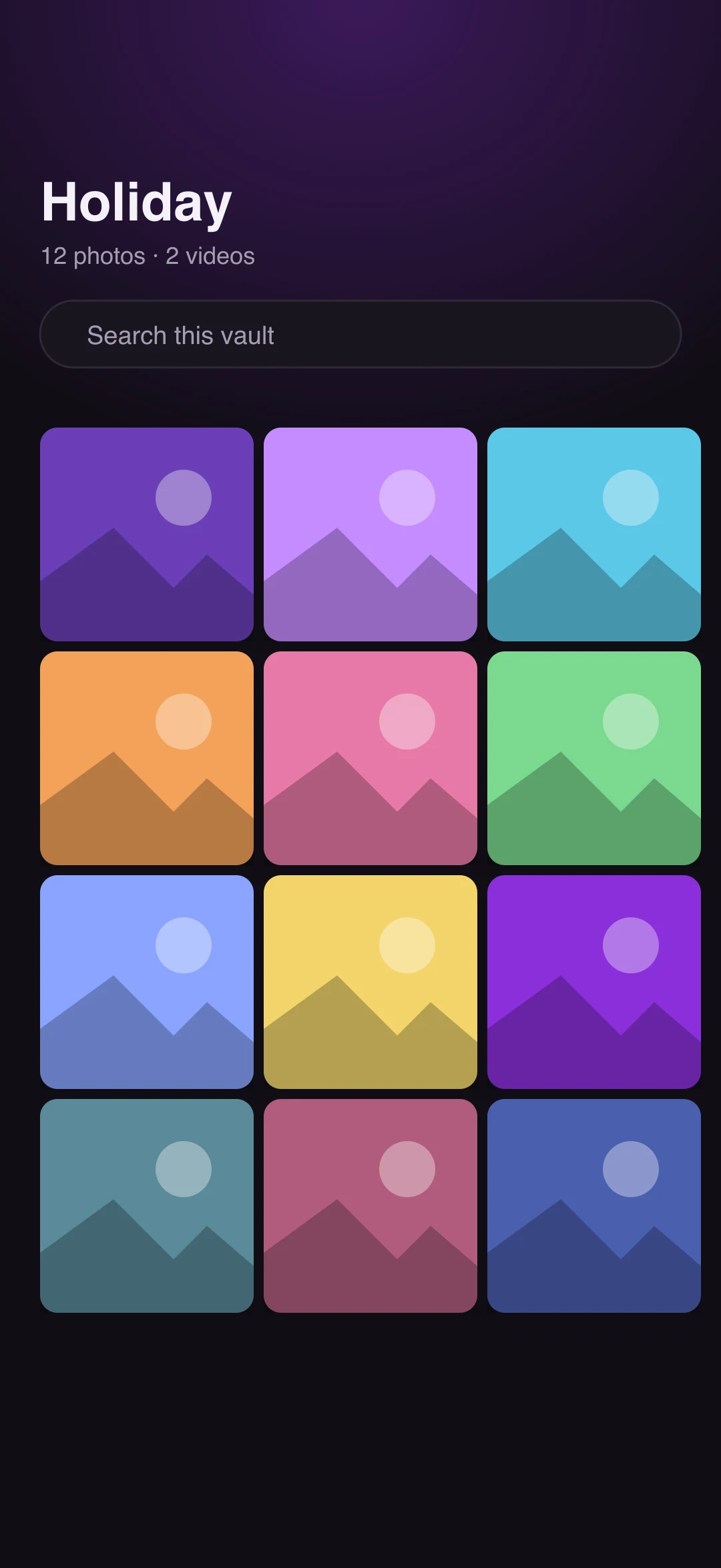 Illustration of an open vault showing a grid of photos and a search box