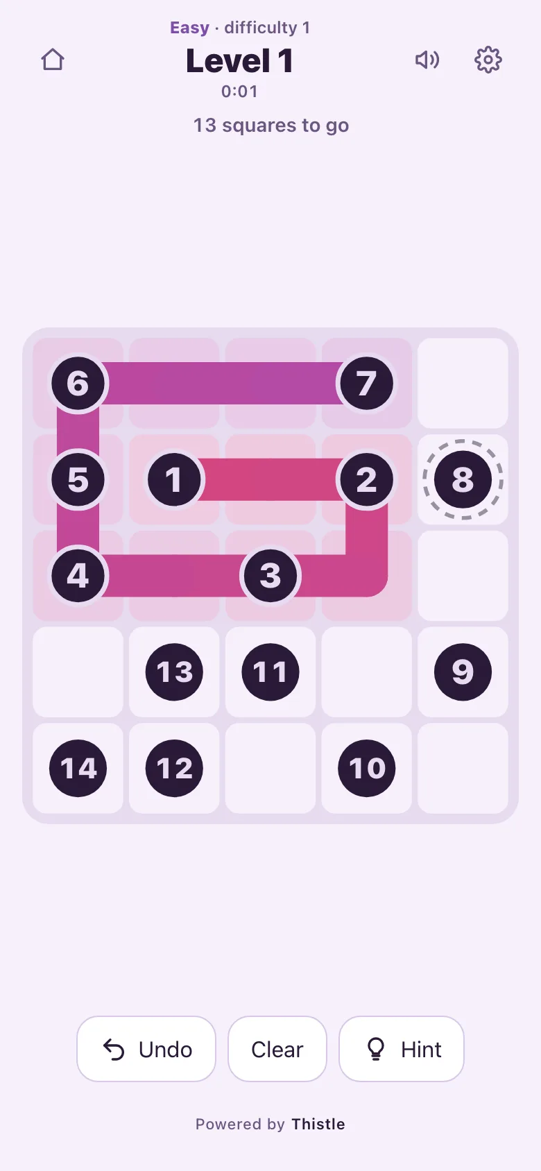A ZipRight board part-way through: a pink line from 1 to 8 on a 5×5 grid, with 13 squares to go