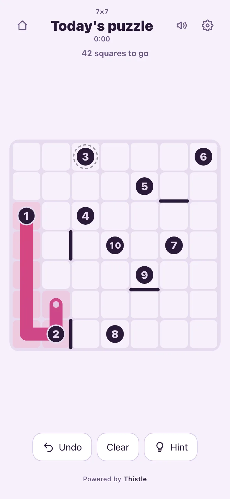 Today’s puzzle: a 7×7 board with numbers 1 to 10 and walls the line cannot cross